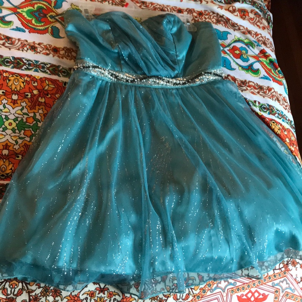 teal shimmery homecoming dress, embroidered belt